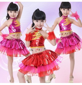 Red fuchsia pu leather paillette girl kids child children school t show play jazz modern dance hip hop dance stage performance costumes dresses